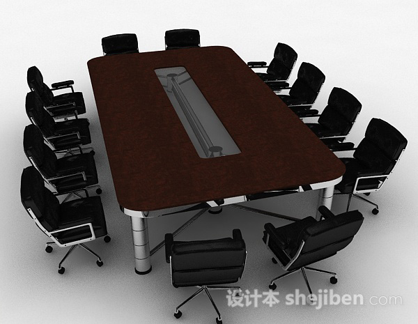 设计本棕色办公会议桌椅3d模型下载