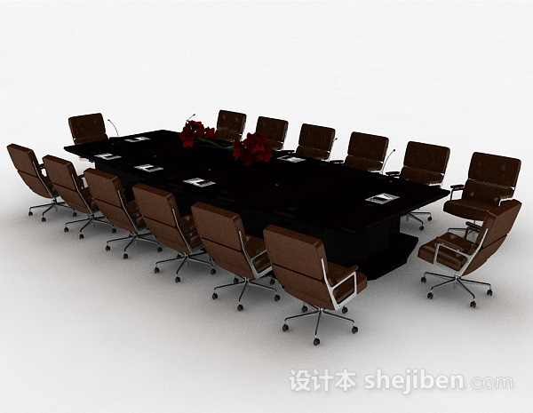 免费现代风格长方形大型会议桌椅组合3d模型下载