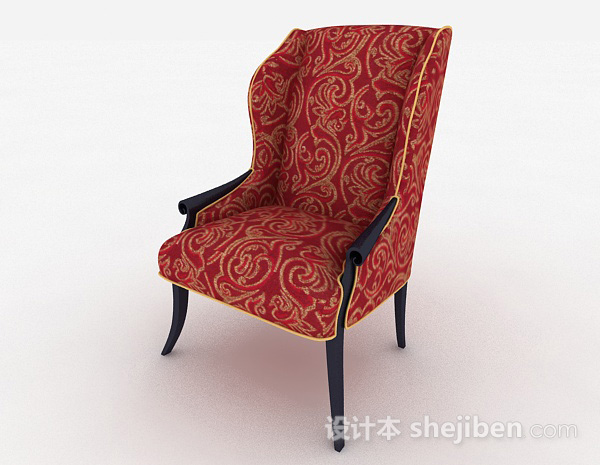 欧式红色花纹布艺单人椅3d模型下载