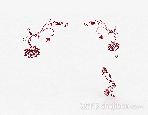 枣红色花卉图案墙纸3d模型下载