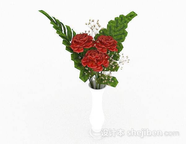 红色玫瑰百合花卉家居摆设品3d模型下载