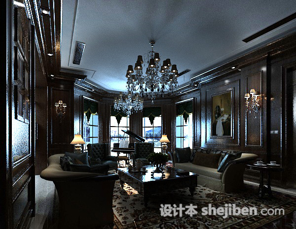 美式别墅客厅3d模型下载