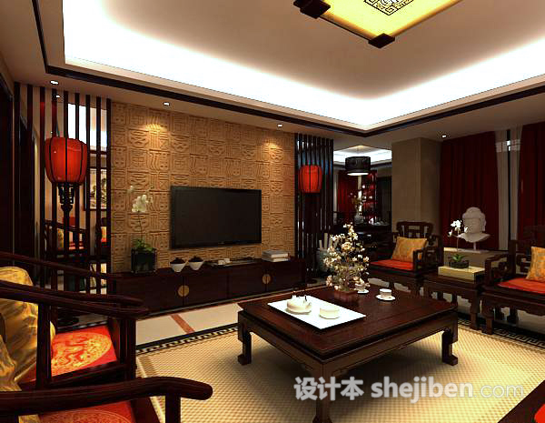 中式客厅电视墙3d模型下载