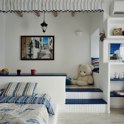 地中海风格温馨小清新别墅不规则儿童卧室地台榻榻米床实木吊顶装修效果图片