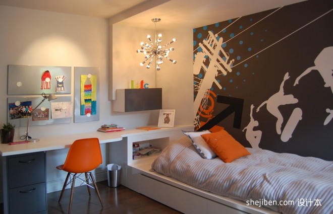 2017现代风格三居室创意男孩儿童房手绘背景墙装修效果图片