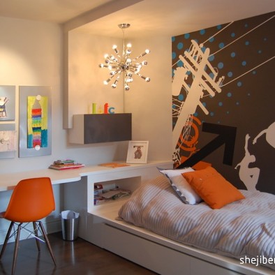 2017现代风格三居室创意男孩儿童房手绘背景墙装修效果图片