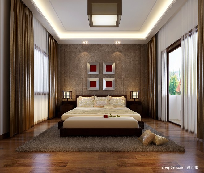 中式时尚卧室榉木床效果图大全