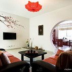 2013中式风格三居室室内客厅休闲区电视背景墙桌椅装修效果图片