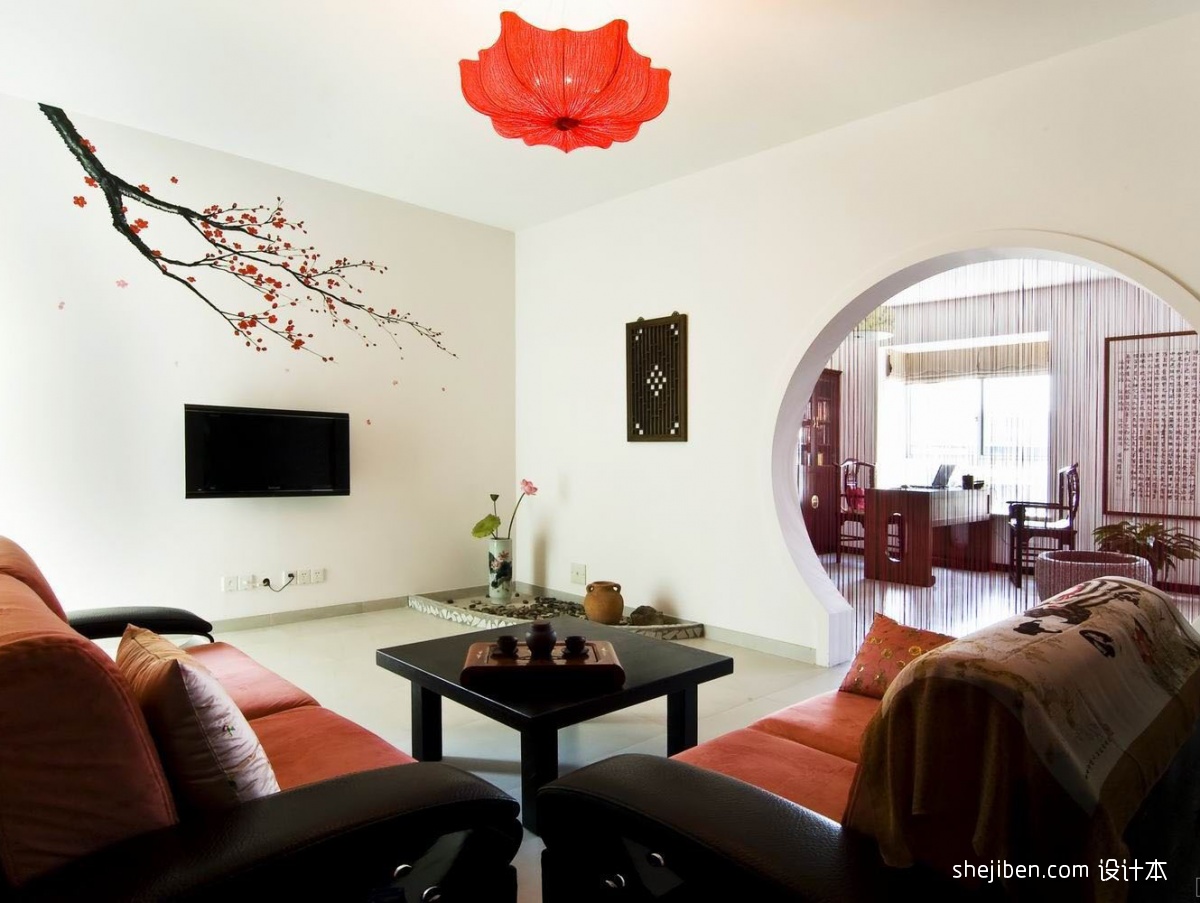 2013中式风格三居室室内客厅休闲区电视背景墙桌椅装修效果图片