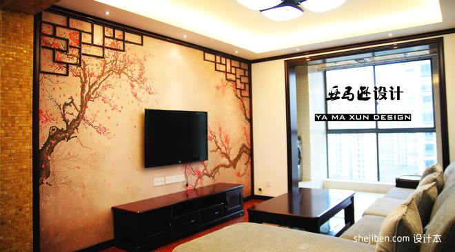 120平米家装中式客厅壁画影视墙石膏板灯带吊顶设计