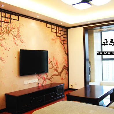 120平米家装中式客厅壁画影视墙石膏板灯带吊顶设计