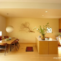 2017田园风格长条开发式8平米家庭棕色橱柜厨房餐厅一体装修效果图欣赏