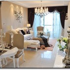 家庭简欧式小客厅白色地板砖石膏线吊顶带有阳台窗帘纱帘