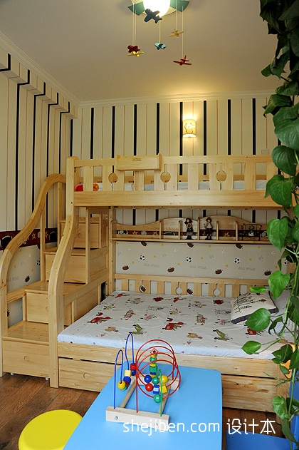 美式风格三室一厅最新小面积双人床儿童房花纹壁纸双层床设计装修效果图片