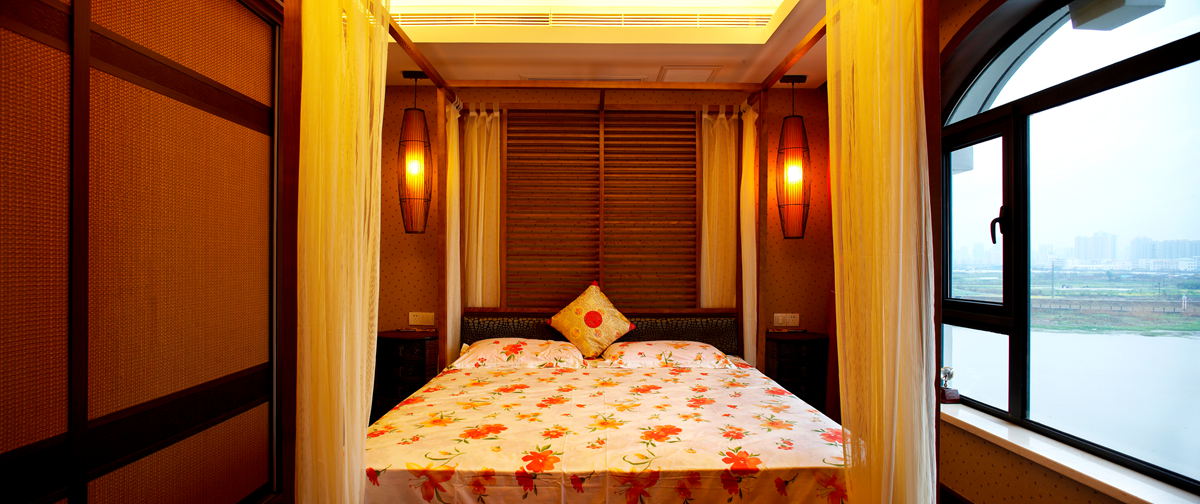 宁波碧水华庭中式复式公寓中式卧室床头背景墙装修效果图