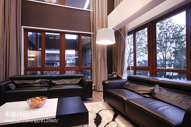 别墅设计新中式客厅真皮沙发效果图