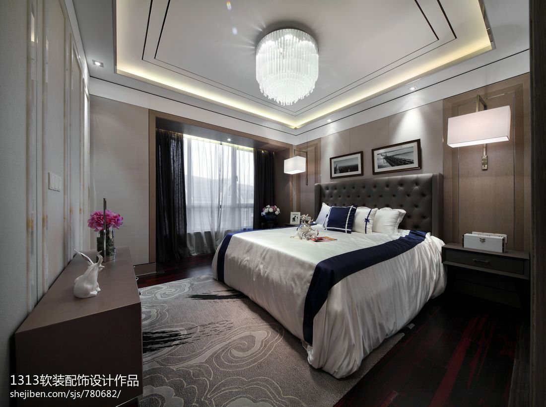 1313软装配饰设计中洲中央公园新古典样板房卧室窗帘装修效果图