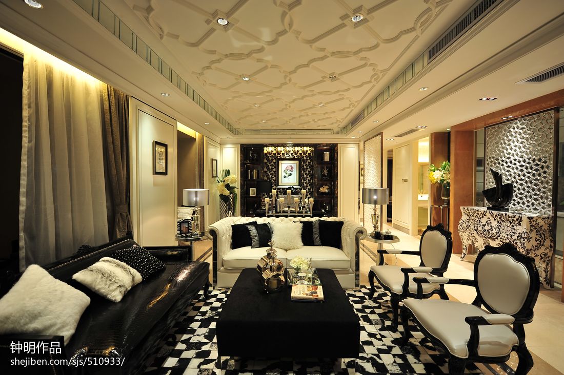 样板房大户型欧式客厅黑白设计沙发摆放设计