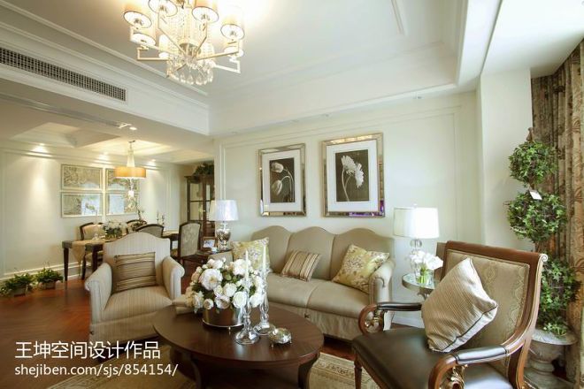 100平美式家装白色简装客厅沙发背景墙连过道吊顶效果图