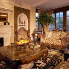 碧海花园别墅奢华家装客厅壁炉瓷砖造型墙落地窗帘沙发家具布置设计图片