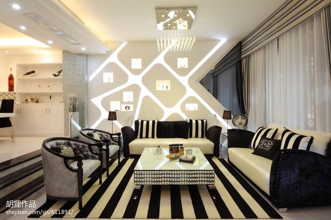 黑白现代风客厅沙发背景墙效果图