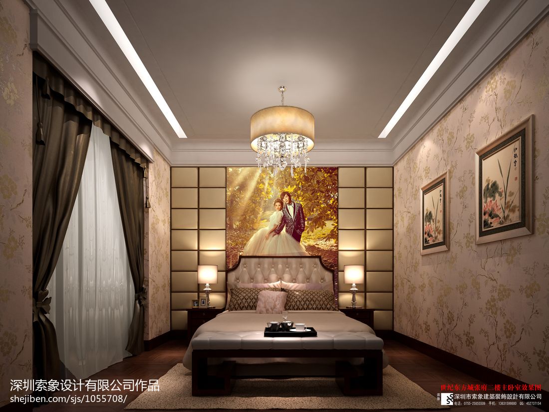 新中式别墅卧室吊顶装修图片