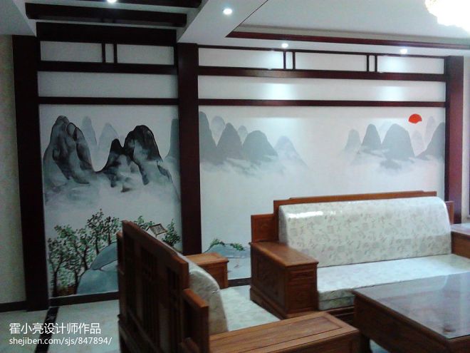中式风格客厅墙体手绘画效果图