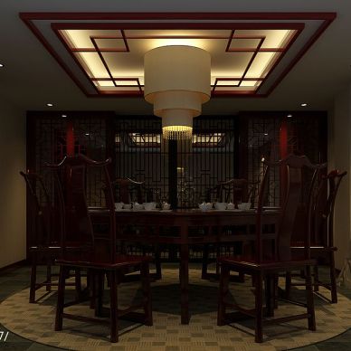 西双版纳别墅中式餐厅时尚吊顶吊灯装修设计效果图