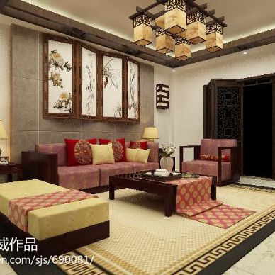 郑州新郑红河谷中式客厅挂画背景墙装修效果图
