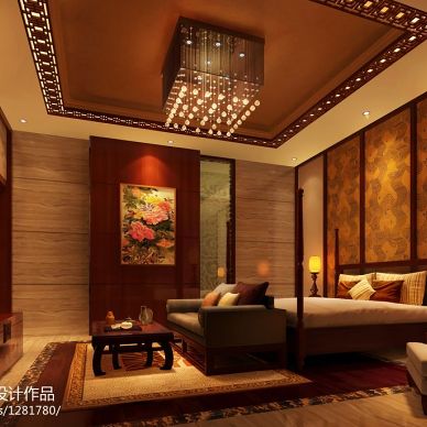 中式卧室奢华床头背景墙装修设计效果图