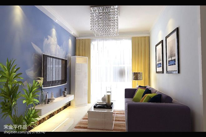 西引力现代客厅蓝色电视背景墙装修效果