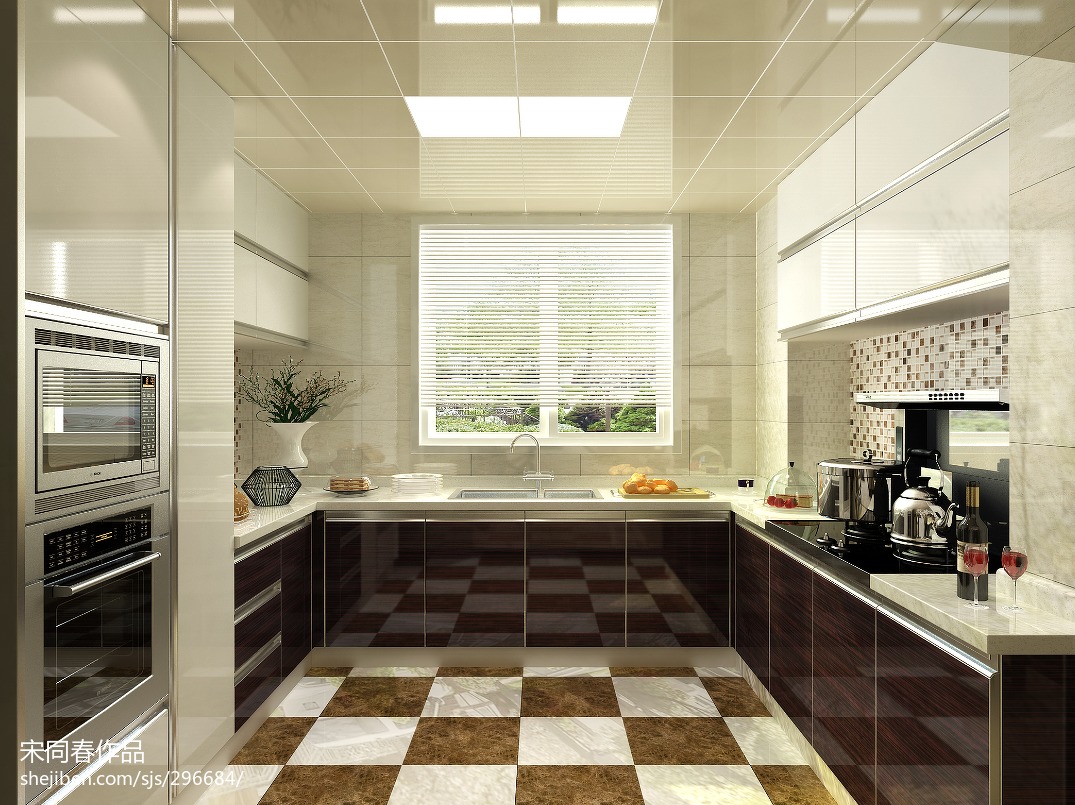 现代U型厨房整体橱柜装修效果图