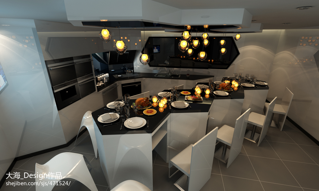 现代风格样板房餐厅厨房创意设计装修效果图