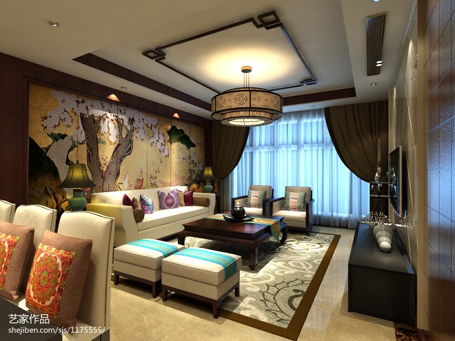 中式风格小客厅沙发背景墙装修效果图