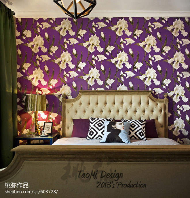美式卧室时尚床头背景墙壁纸装修设计效