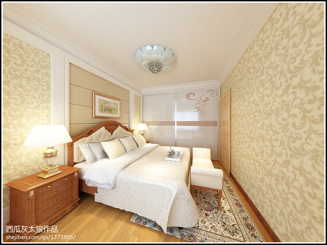 精装样板房欧式卧室壁纸窗帘装修设计效果图 – 设计本装修效果图