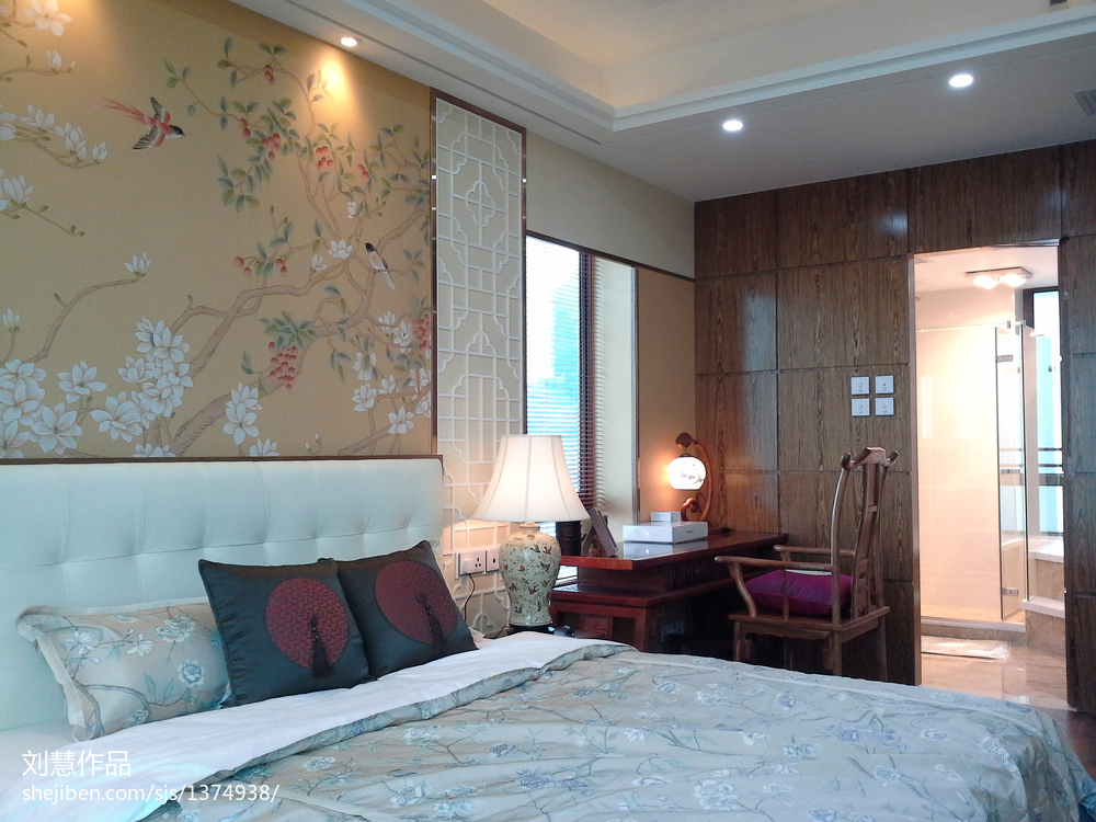 中式时尚古典卧室十字绣背景墙图案装修效果图大全