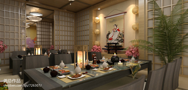 混搭风工装设计日式餐厅背景墙装修效果