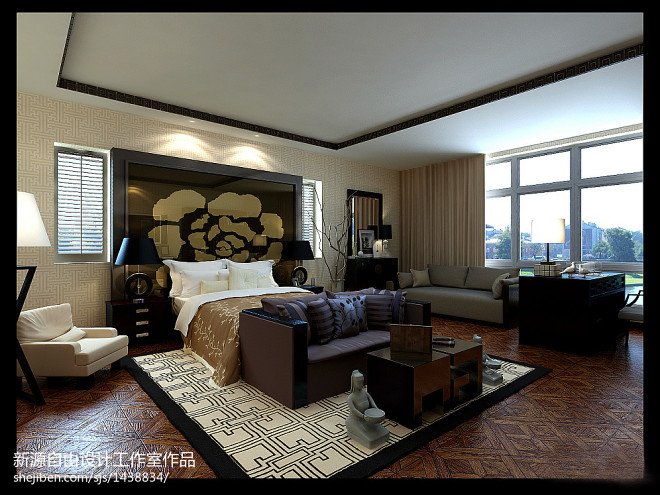 中式别墅卧室回型纹地毯装修效果图大全