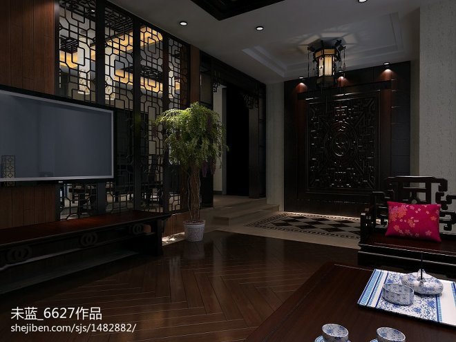 中式客厅镂空回型纹雕花隔断设计