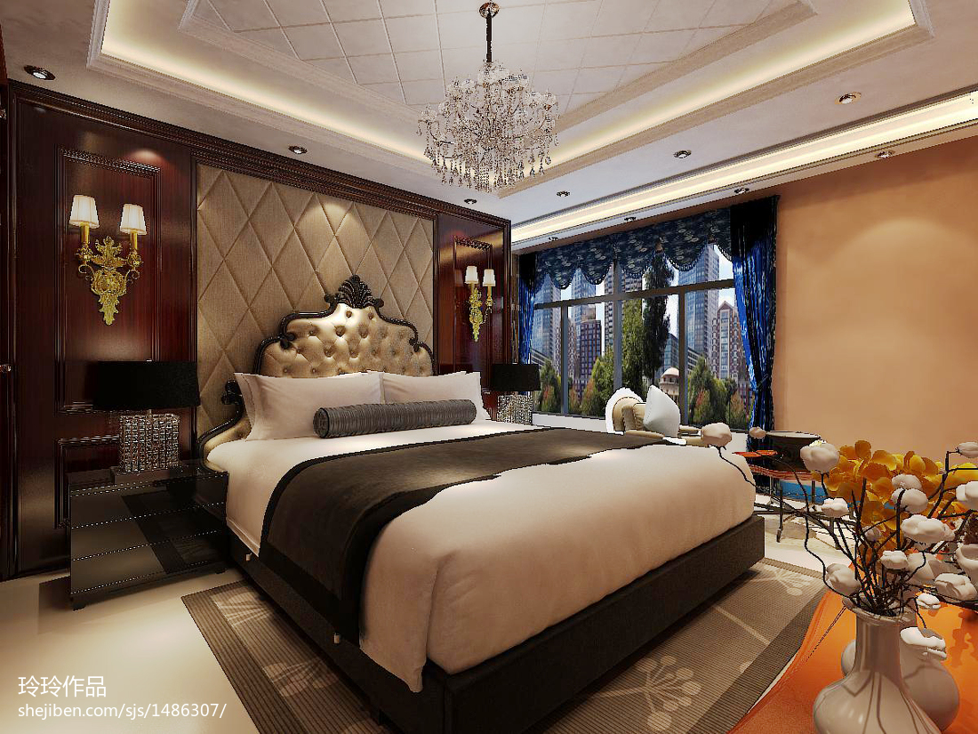 张家港现代卧室软包床头背景墙装修设计效果图 – 设计本装修效果图