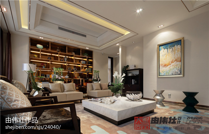 400平新中式风格别墅客厅装修效果图