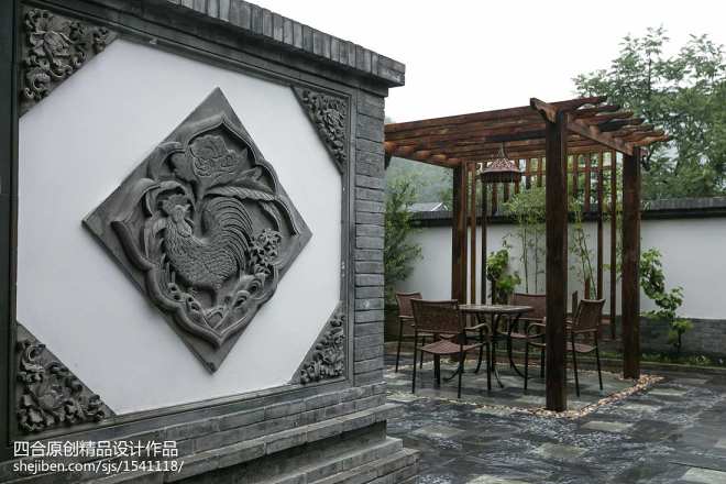 中式花园浮雕壁画装修图
