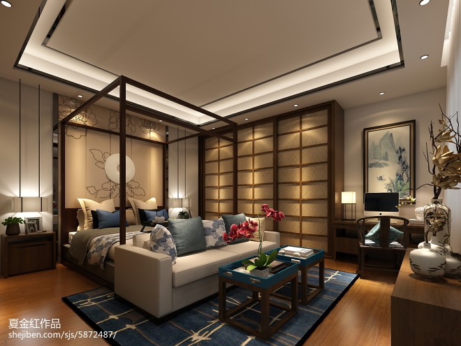 新中式婚房卧室装修图