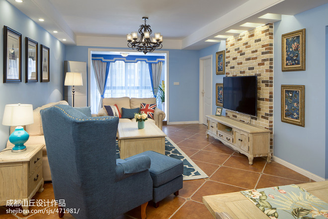 美式风格三居蓝色调客厅装修效果图