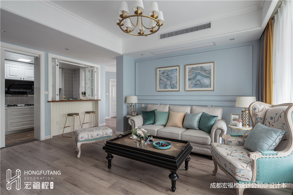 浅蓝系美式客厅沙发图片