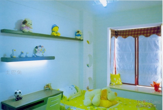 蓝黄色儿童房窗帘轨道装修图片
