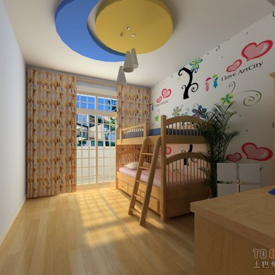 混搭双人儿童房手绘背景墙装修设计效果图