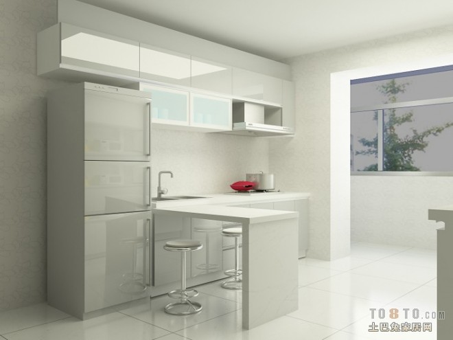 混搭时尚厨房纯白色橱柜装修设计效果图