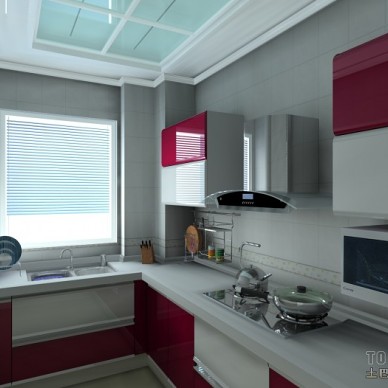 现代都市简约一字型厨房橱柜窗帘装修设计效果图